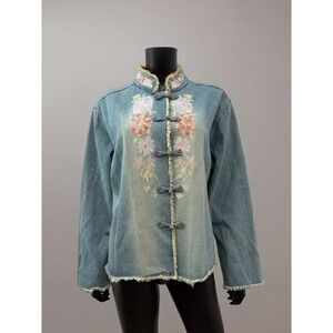 Chico's Design Embroidered Denim Jacket Floral Frog Closure Boho Size 3‎